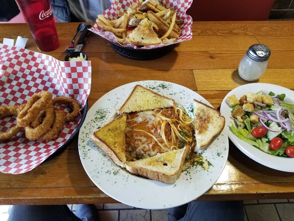 Baked Spaghetti w Side Salad and Onion Rings